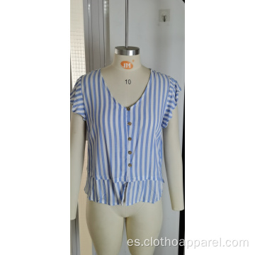 Verano Cuello en V Mangas cortas Rayas azul marino Tops casuales